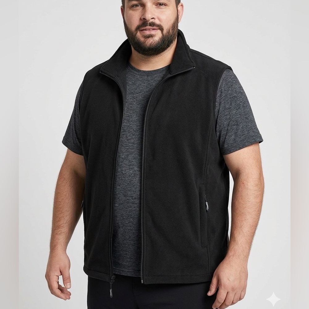 Men's Black Fleece Vest with Stand Collar and Zip Pockets soft warm size 2X 1176